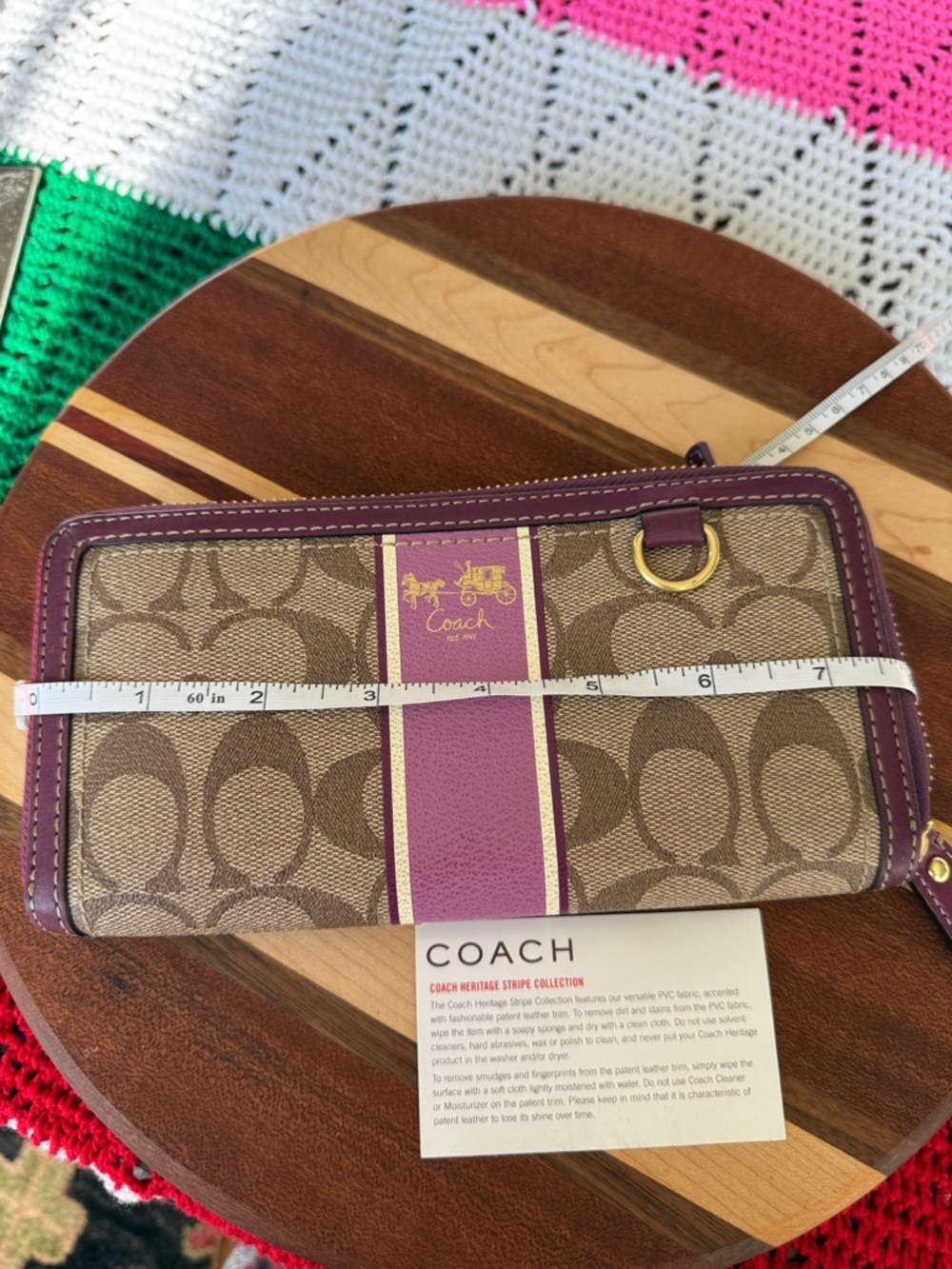 Coach Brown Signature Canvas Zip Wallet with Purple Trim - Picture 13 of 14